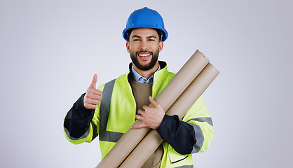 Image showing Engineering, man and thumbs up for architecture success, renovation and design planning with blueprint in studio. Portrait of construction worker or contractor with like emoji on a white background