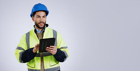 Image showing Engineering, man and tablet for design ideas, inspection or thinking of project on studio banner and mockup. Construction worker with architecture survey and digital planning on a white background
