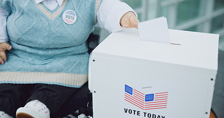 Image showing Person, with a disability and wheelchair or vote election or president cast, poll station on human rights. Hand, paper and ballot box for opinion on government decision, sticker for accessibility