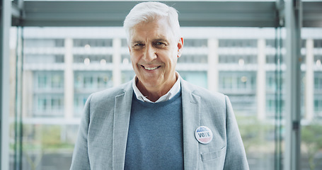 Image showing Senior man, vote sticker and portrait for election, positive and candidate for america, government and politics. Democracy, voter choice and support for party, registration and badge for voting