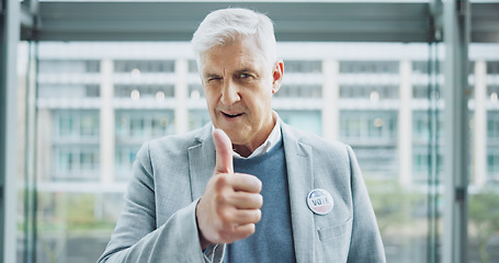 Image showing Senior man, thumbs up and politician for vote, thank you and feedback on choice, decision and politics. Mature person, wink and support in review, agreement and motivation to register for election
