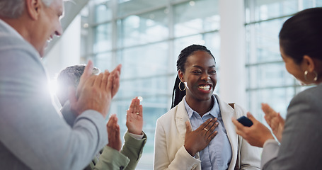 Image showing Woman, team and clapping for success, promotion and bonus at work, good news and announcement. Happy black person, wow and celebration for achievement, growth and support for opportunity by applause