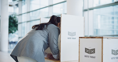Image showing Vote booth, election and woman at station for politics, freedom in democracy or human rights. Polling, back and person at ballot for choice, equality or decision of government, party or state patriot