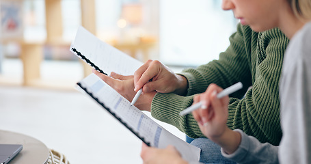 Image showing Couple, hands and documents for planning bills, budget and financial tax in living room of home. People, man and woman with paperwork and pen for finance, investment or asset management for loan debt