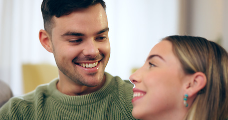 Image showing Happy couple, man and woman with smile in living room for bond, romance or love in relationship. Husband, wife and together in excitement for future with trust, care and support for marriage in home