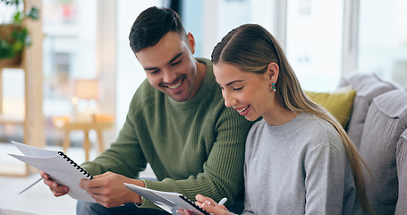 Image showing Couple, smile and documents for planning bills, budget and financial tax in living room of home. People, man and woman with paperwork and pen for finance, investment or asset management for loan debt