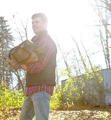 Image showing One mature lumberjack holding pieces of wooden logs after chopping tree in remote landscape. Happy man standing alone outside, carrying firewood for stove. Gathering for alternative heating