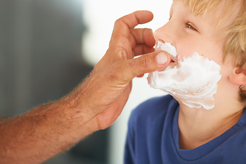 Image showing Showing him the ropes of shaving. A father playfully putting shaving cream on his sons face.