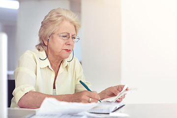 Image showing Retirement, senior woman and planning budget on paperwork for tax, financial documents or receipt, investment or savings. Elderly person, finance or money or papers of pension bills management mockup