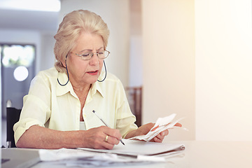 Image showing Senior woman, retirement or planning budget or tax paperwork, financial documents or receipt, investment or savings. Elderly person, confused or finance or debt, bills or pension management mockup