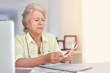 Image showing Senior woman, planning budget and retirement or paperwork for tax, financial documents or receipt, investment or savings. Elderly person, finance or money or pension, bills or debt management