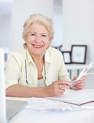 Image showing Portrait, smile and old woman with budget documents, savings and taxes in home. Financial planning, face and retirement of senior female person with paper for pension, investment or finance bills.