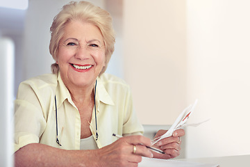 Image showing Portrait, smile and senior woman with a budget, home and planning for savings, insurance and pension. Face, mature female person or happy elderly lady with paperwork, writing and ideas for investment