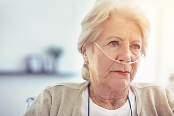 Image showing Breathing, oxygen and face of elderly woman thinking of health, depression in hospital and retirement, healthcare and insurance. Senior person, sick and depressed in clinic, home or appointment