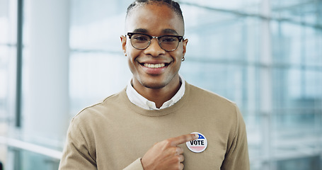 Image showing Man, vote and portrait for election, pointing and badge for support, government and politics. Democracy, voter choice and representative for party, registration and sticker for voting register