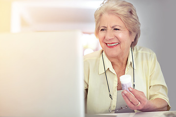 Image showing Checking her prescription details online. a senior woman researching her medication online.