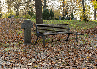 Image showing bench in a cemetery at autumn time