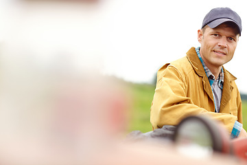 Image showing Hes a confident farmer. Portrait of a farmer standing outside beside blurred copyspace.