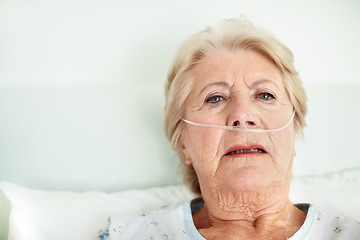 Image showing Struggling to breath - Senior Health. Ailing senior woman wearing a nasal cannula looks for hope - Copyspace.