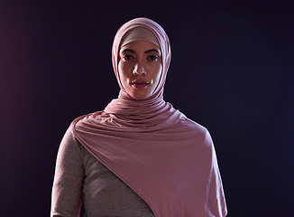 Image showing Muslim woman, portrait and hijab in faith for religion, islam or praise against a dark studio background. Face of Islamic female person or model with scarf in fashion for cultural tradition on mockup