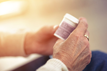 Image showing Healthcare, medication and hands with bottle of pills for recover, health and wellness. Medical, medicine and closeup of senior woman with container with prescription tablets, supplements or vitamins