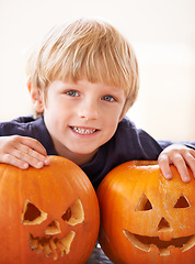 Image showing His very own jack-o-lanterns. Portrait of a young boy behind a two jack-o-lanterns.