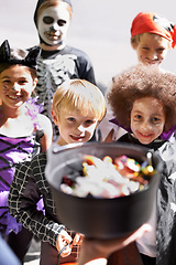 Image showing Every childs favorite holiday. Portrait of a group of little children trick-or-treating on halloween.