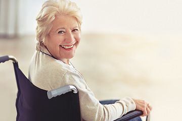 Image showing Wrinkles merely mark where smiles have been. Cropped portrait of a senior woman in her wheelchair at home.