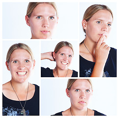 Image showing Making faces. Composite shot of a woman making various facial expressions.