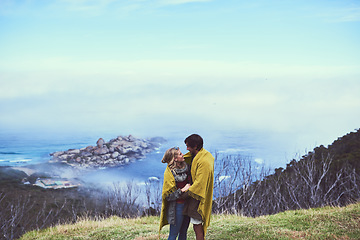 Image showing The most beautiful view out here is you. an affectionate young couple enjoying a hike in the mountains.