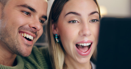 Image showing Happy couple, sofa and tablet in home, relax and excited for reading web blog, movie or funny meme in living room. Man, woman and digital touchscreen with comic laugh for social media post in lounge