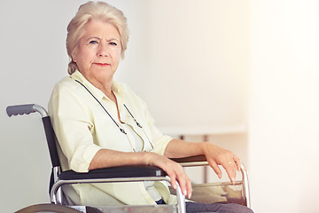 Image showing Old age- the crown of life, our plays last act. Portrait of a senior woman in her wheelchair at home.