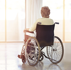 Image showing Facing the difficulties of the aging process. Rearview shot of a senior woman sitting in her wheelchair at home.