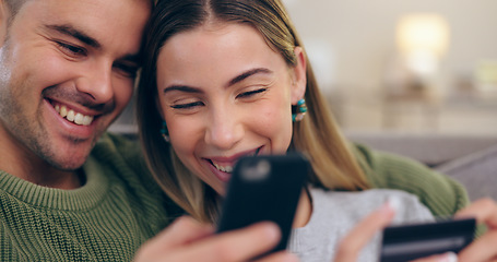 Image showing Home, credit card and couple with a smartphone, ecommerce and payment with online shopping. Apartment, man and woman with a cellphone, transaction or banking app with savings, financial or investment