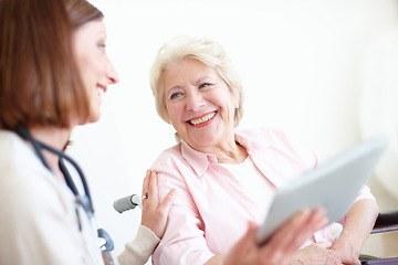 Image showing Doctor delivers the good news - Senior Care. Elderly patient is delighted by the good news her nurse has just given her.