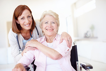 Image showing They took this journey of recovery together - Senior Health. Portrait of a mature nurse and her elderly patient sharing an affectionate moment together - Copyspace.