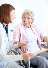 Image showing Reflecting after the good results - Senior Health. Elderly patient is delighted by the good news her nurse has just given her.