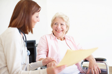 Image showing Your recovery is astounding - Senior Care. Elderly patient is delighted by the good news her nurse has just given her.