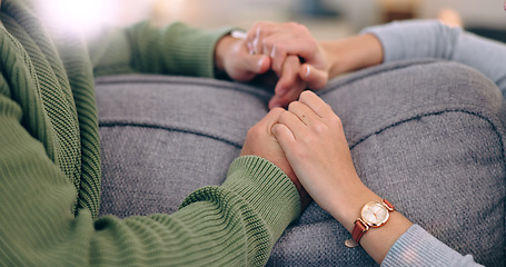 Image showing Closeup, home and couple with love, holding hands and support with romance, bonding together and relax. Romantic, man and woman with connection, affection and marriage with relationship and apartment