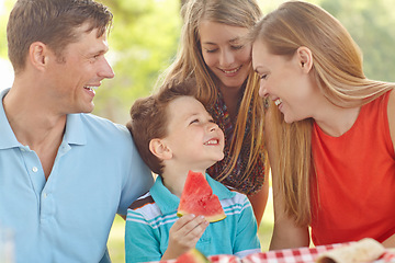 Image showing Spending time together in the park. Happy attractive family having a picnic in the park.
