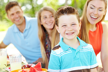 Image showing Enjoying a summertime picnic. A happy young family relaxing in the park and enjoying a healthy picnic.