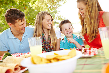 Image showing This is delicious. A happy young family relaxing in the park and enjoying a healthy picnic.