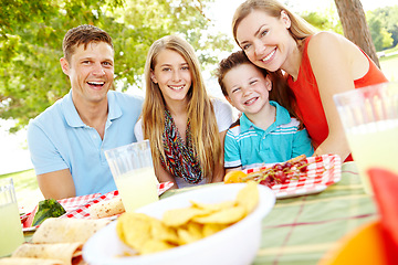 Image showing Ready to enjoy a delicious picnic. A happy young family relaxing in the park and enjoying a healthy picnic.