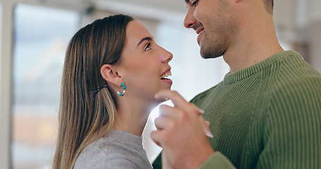 Image showing Love, dancing and young couple bonding at apartment on a romantic date listening to music or playlist. Happy, positive and man and woman from Canada moving to song in living room of modern home.