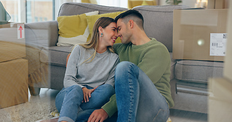 Image showing Real estate, forehead touch and couple in new home, living room and apartment together. Intimate, love of man and woman in property, happy and moving in to rent house, mortgage loan and investment