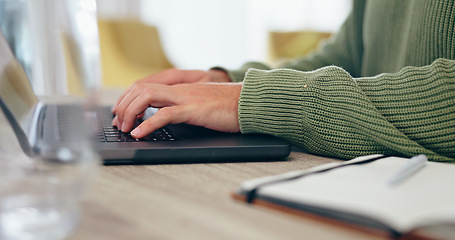 Image showing Hands, laptop and remote work with a business person typing on a keyboard closeup in a home office. Computer, desk and email communication with an employee in an apartment for online networking