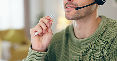 Image showing Closeup, person and mouth with headset for telemarketing, communication or customer care for remote work. Man, male call centre or agent with pen in hand for writing, report or document by consulting