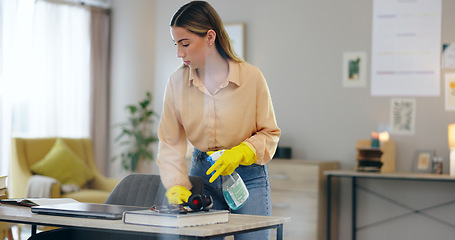 Image showing Woman, spray bottle and cleaning table in house, disinfection and maintenance service or fluid. Female person, gloves and antibacterial or detergent, chemical and hygiene or bacteria in home office