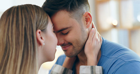 Image showing Love, smile and young couple bonding at apartment on romantic date with intimate moment. Happy, positive and man and woman from Canada with cute forehead affection for romance together at modern home