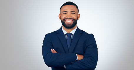 Image showing Portrait, confident and corporate businessman in studio with smile, pride and professional startup entrepreneur. Happy man, business owner or office consultant with arms crossed on white background.